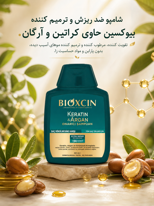 شامپو ضد ریزش مو بیوکسین مدل آرگان و کراتین حجم 300 میلیلیتر، ترمیمکننده، تقویتکننده، براقکننده، مناسب انواع مو و پوست سر حساس، حاوی بیوکمپلکس B11، بدون پارابن و مواد حساسیتزا