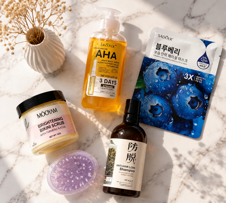 پک روتین پوست و مو 5 تیکه شامل شامپو رزماری+اسکراب سفید کننده بیکینی مویام+ماسک صورت+سرشور سیلیکونی+سرم روشن کنندهaha