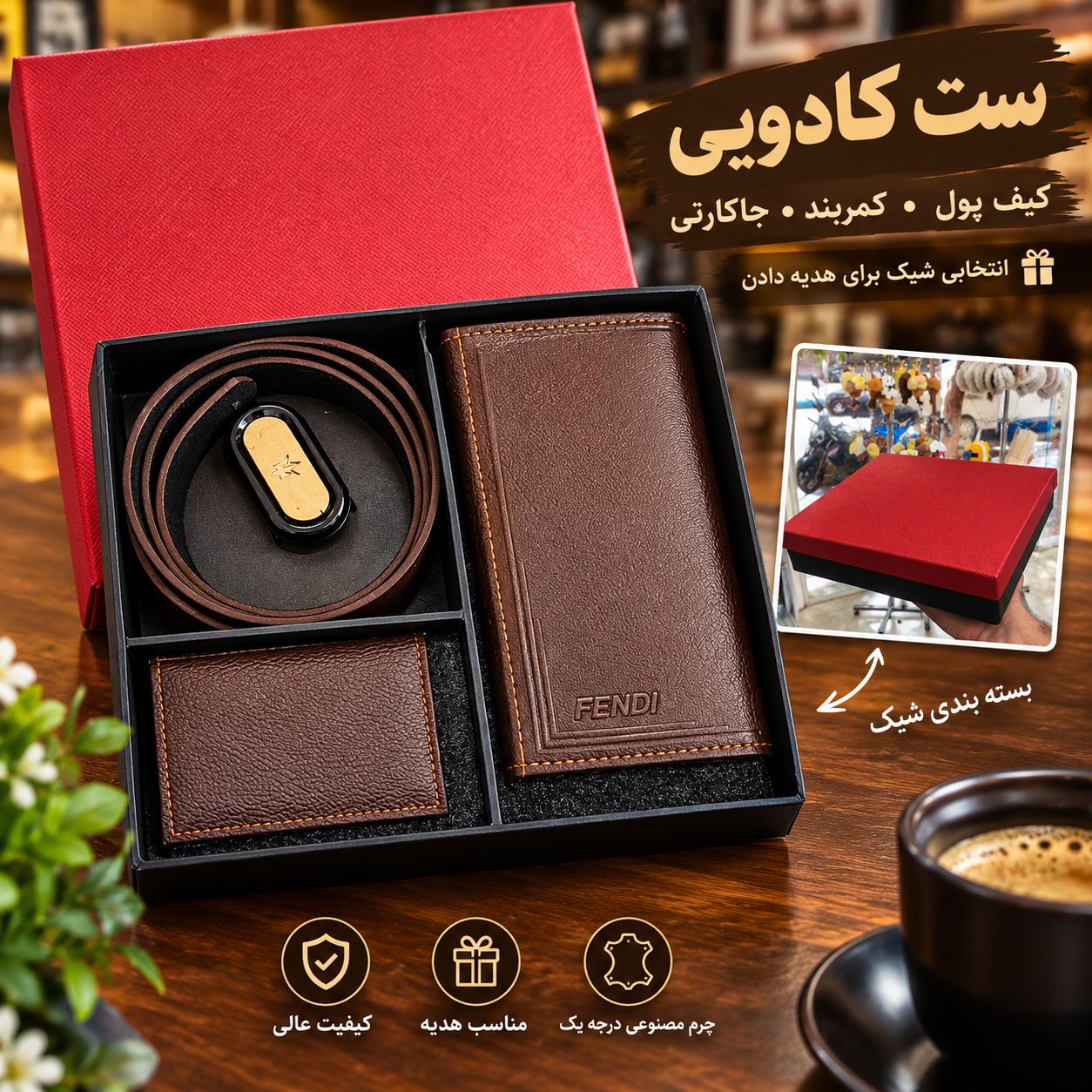 ست کادویی مردانه شامل کمربند کیف پول کیف کارت